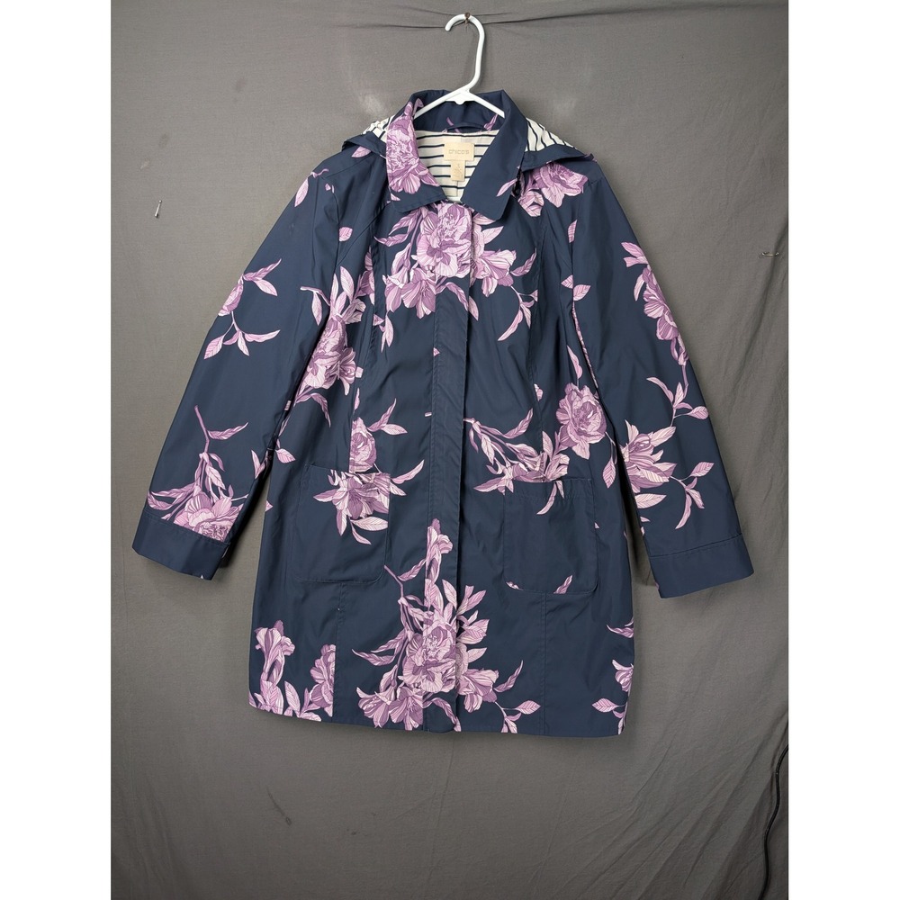 Chico's Floral Rain Jacket Navy Blue Purple Hooded Striped Lining Size 3 XL